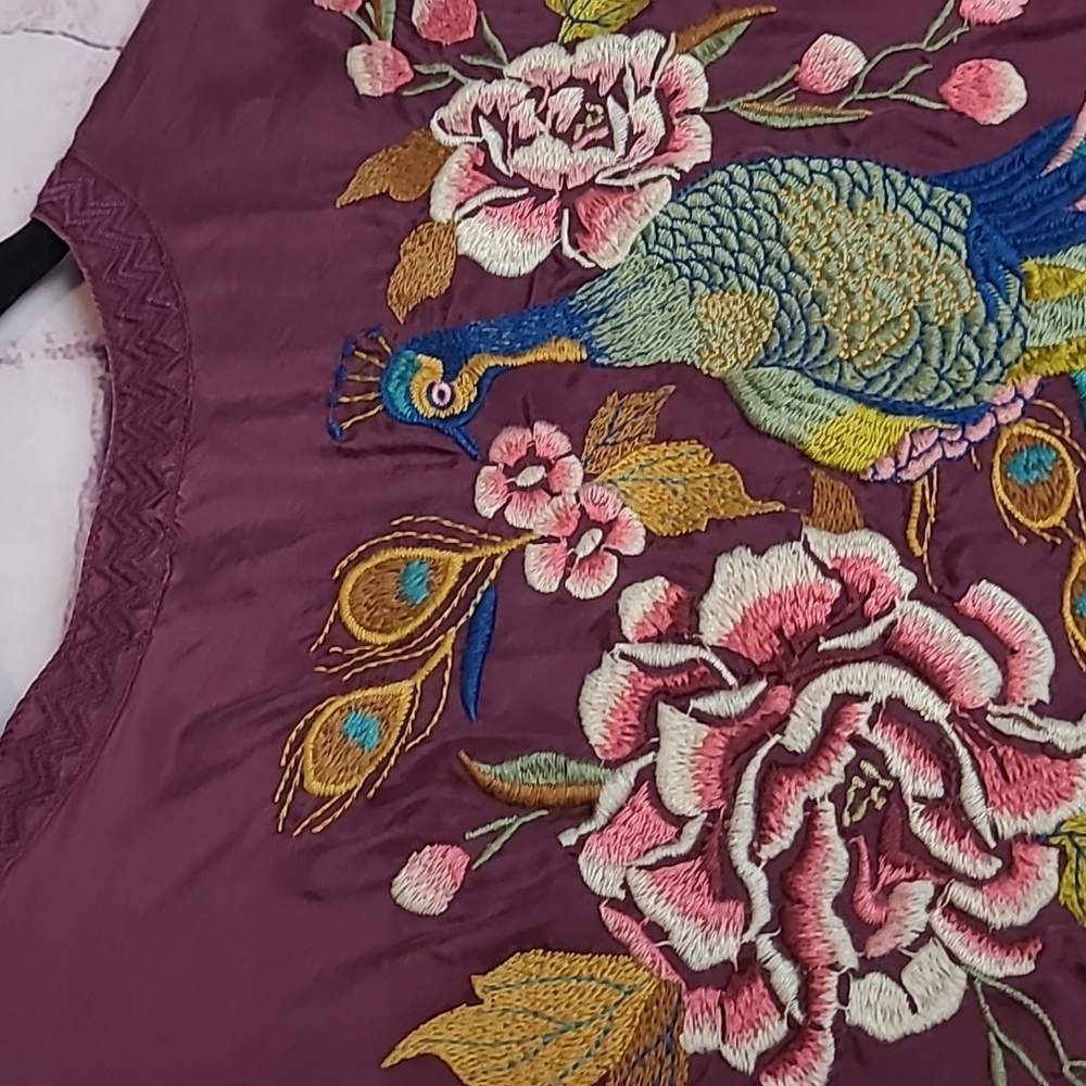JOHNNY WAS WORKSHOP 100% SILK PEACOCK FLORAL EMBROIDERED TUNIC POPOVER BLOUSE XL - Picture 10 of 15